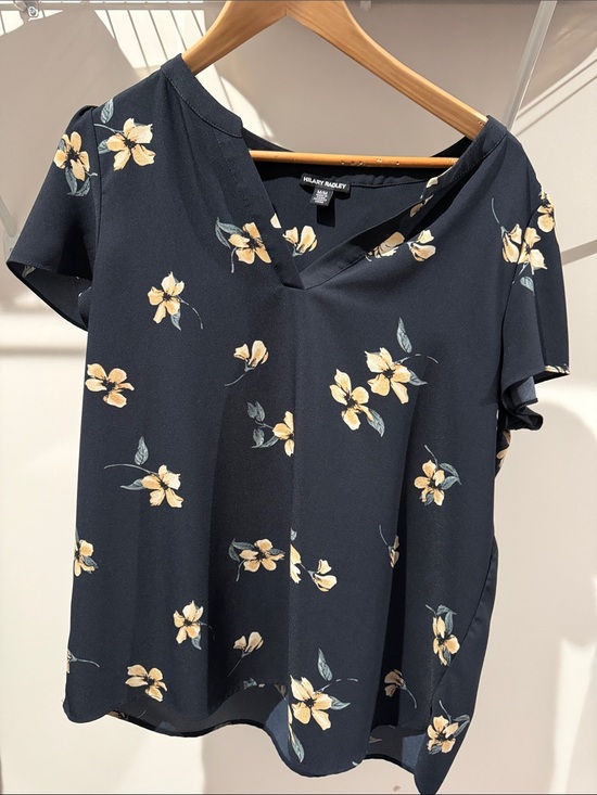 Hilary Radley Tops - Hilary Radley Navy Floral V-Neck Short Sleeve Top with Yellow Blossoms